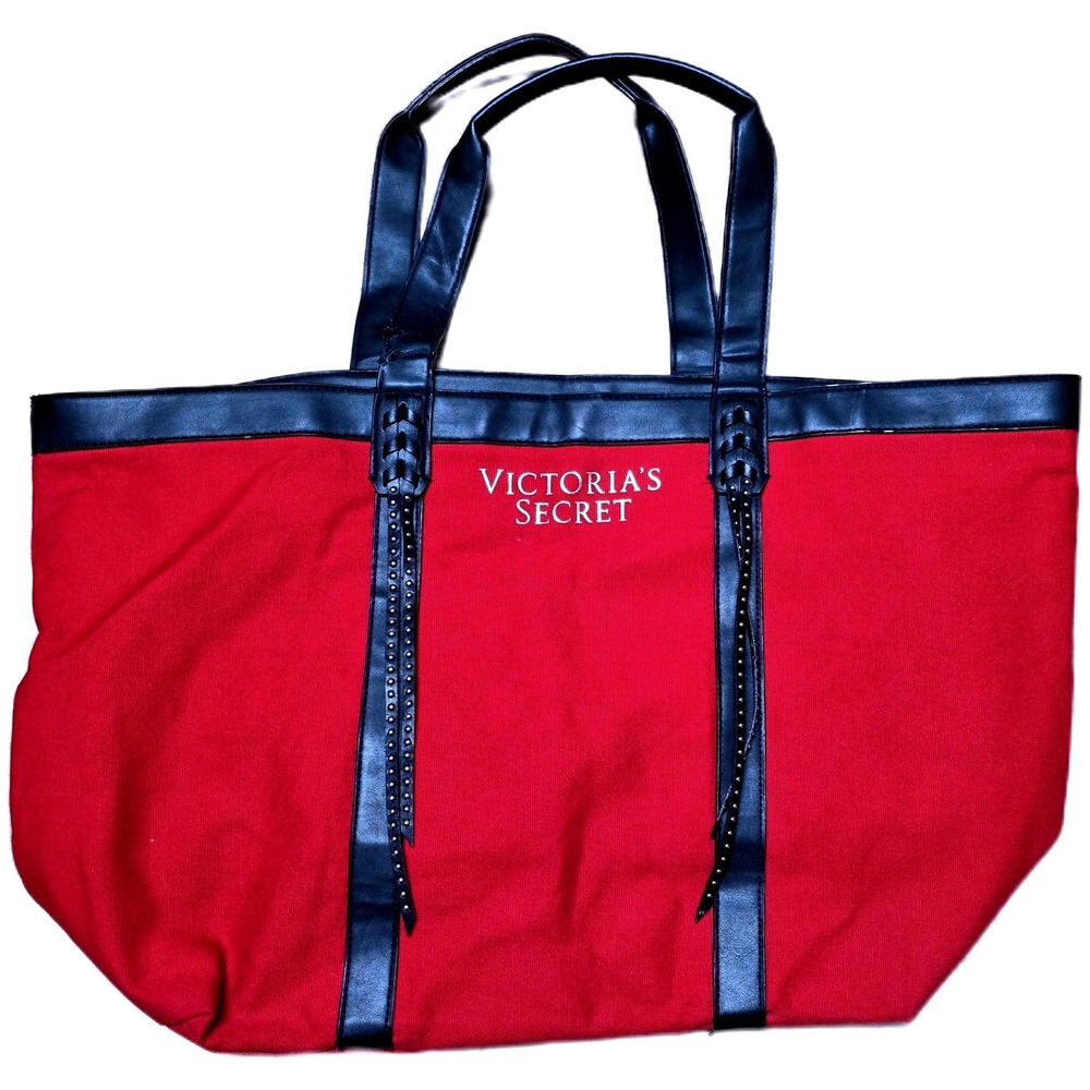 Victoria's Secret Red Canvas Tote Bag Blackโ Faux Leather Trim Studs